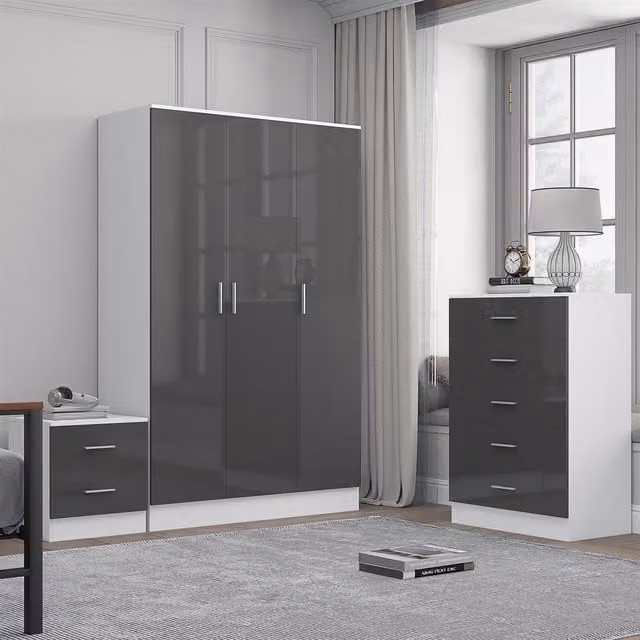 REFLECT Bedroom Furniture Bundle featuring 3-Door Plain Wardrobe, Chest of Drawers and Bedside Table in Grey Gloss and Matt White