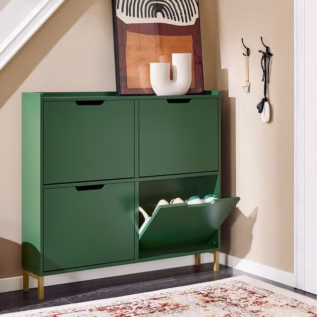 SoBuy Modern 4-Drawer Shoe Cabinet in Grey and Green with Rattan and Bamboo Details