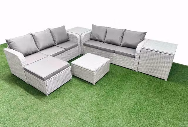Fimous 7 Seater Grey Wicker Rattan Garden Furniture Set with Square Coffee Table, High Back Lounge Sofa, Footstool and 2 Side Chairs