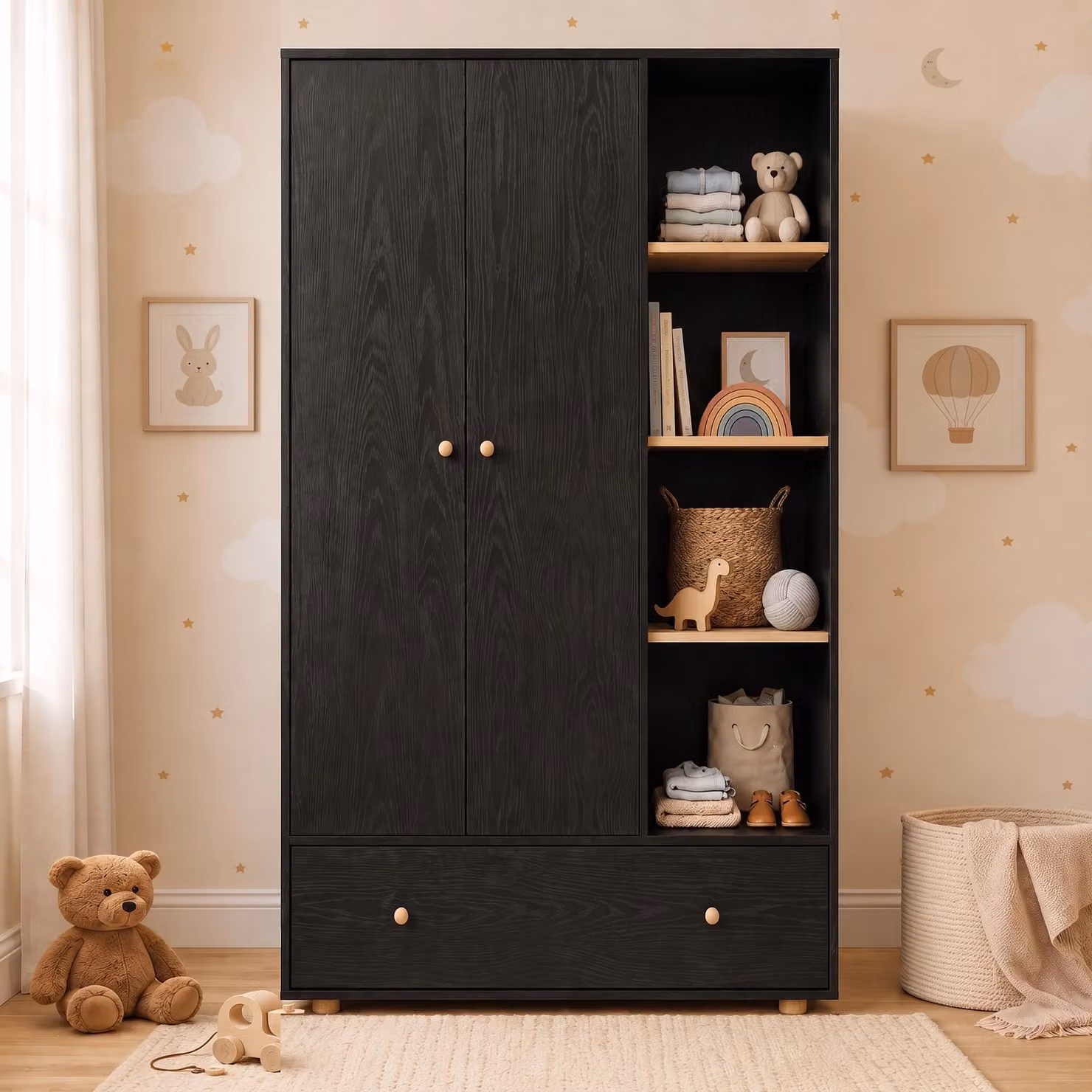 DHS Kids Triple Wardrobe with Drawer and Open Shelves in Matt Black