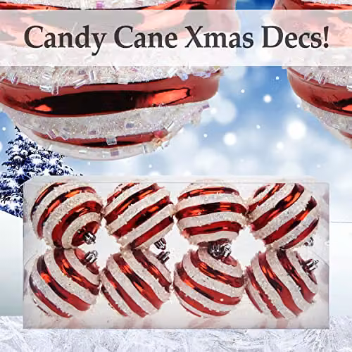 VFM e-Store Red and White Striped Glass Baubles, Diameter: 8 cm (8 Pack) – 5