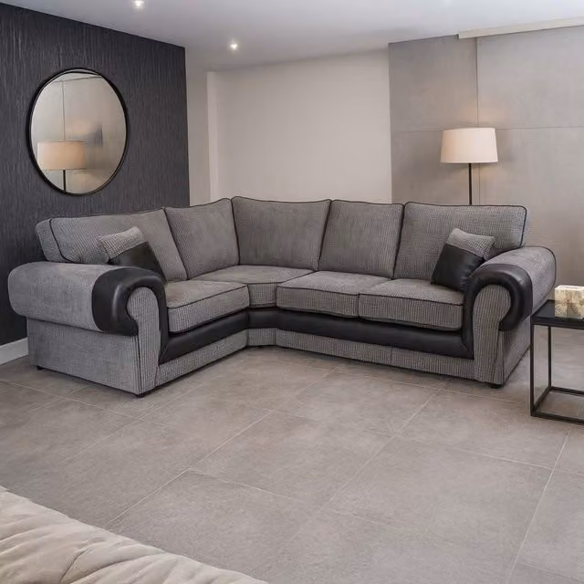 Furnishings For Less UK Portland 4 Seater L Shaped Corner Sofa in Grey Fabric and Synthetic Leather, Left Hand Facing