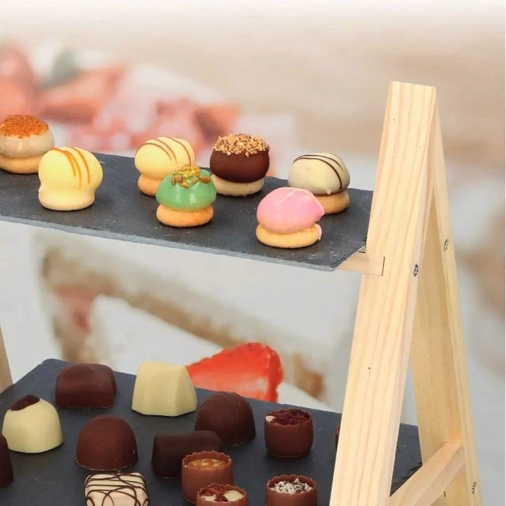 PAWNORA 2 Tier Grey Slate and Wood Rectangular Snack Display Stand – 3