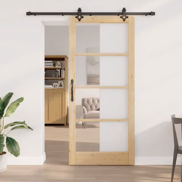 Berkfield Home Orkdal Modern Sliding Door with Hardware Set in Beige, Solid Wood and Glass – 1