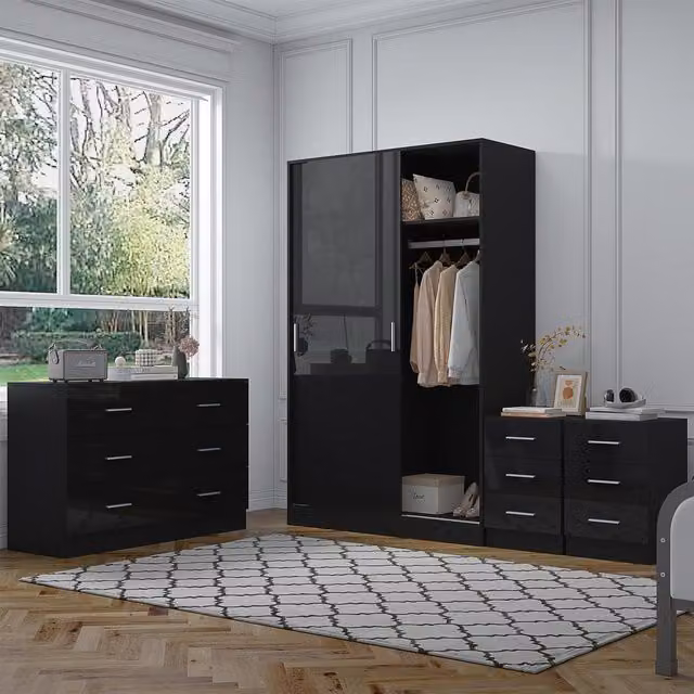 REFLECT Bedroom Furniture Bundle with Sliding Wardrobe, Wide Chest and 2x Bedsides in Black Gloss and Matt Black