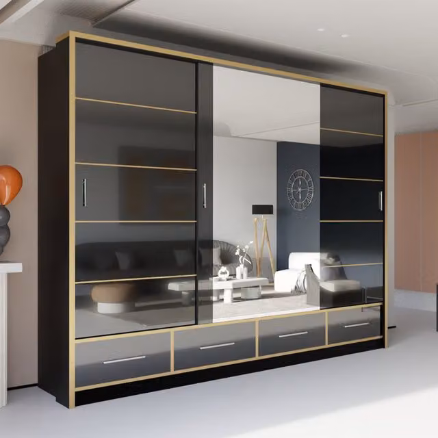Sliding Wardrobes 4 u Heaven High Gloss Mirror Sliding Door Wardrobe in Black, Width: 253 cm