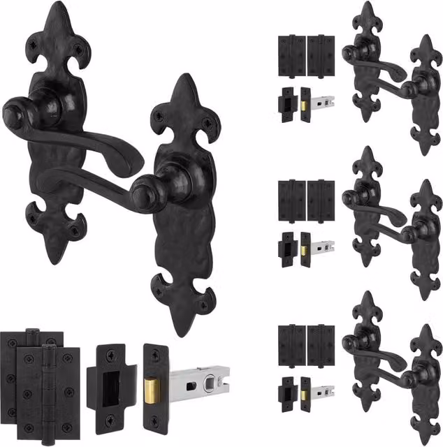 AFIT Black Antique Cast Iron Door Handles and Hinges Set