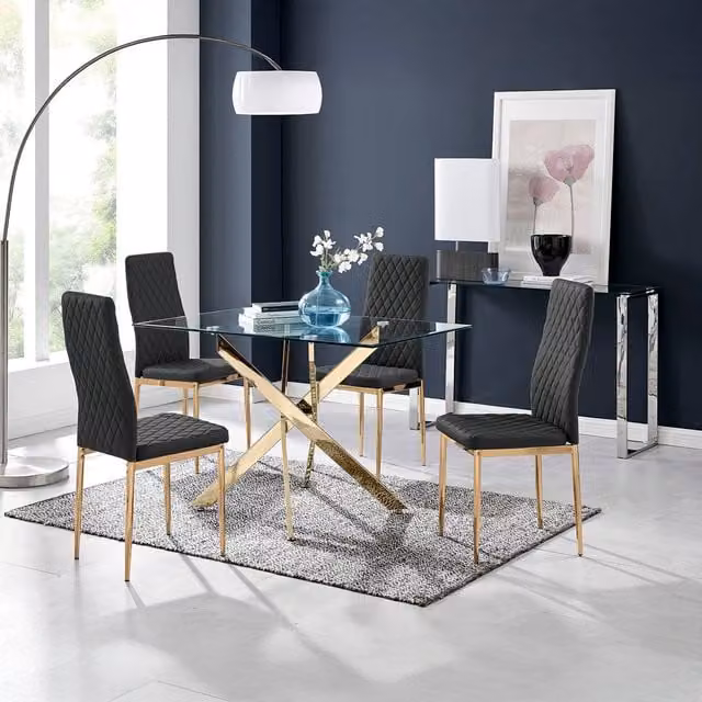 FurnitureboxUK Leonardo Black Glass Rectangular Dining Table with Four Milan Gold Leg Chairs