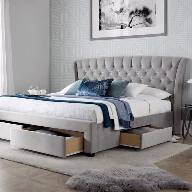 Bedmaster Newton Chesterfield Upholstered Velvet Storage Bed with 4 Drawers, Grey, W/D/H: 180 x 200 cm