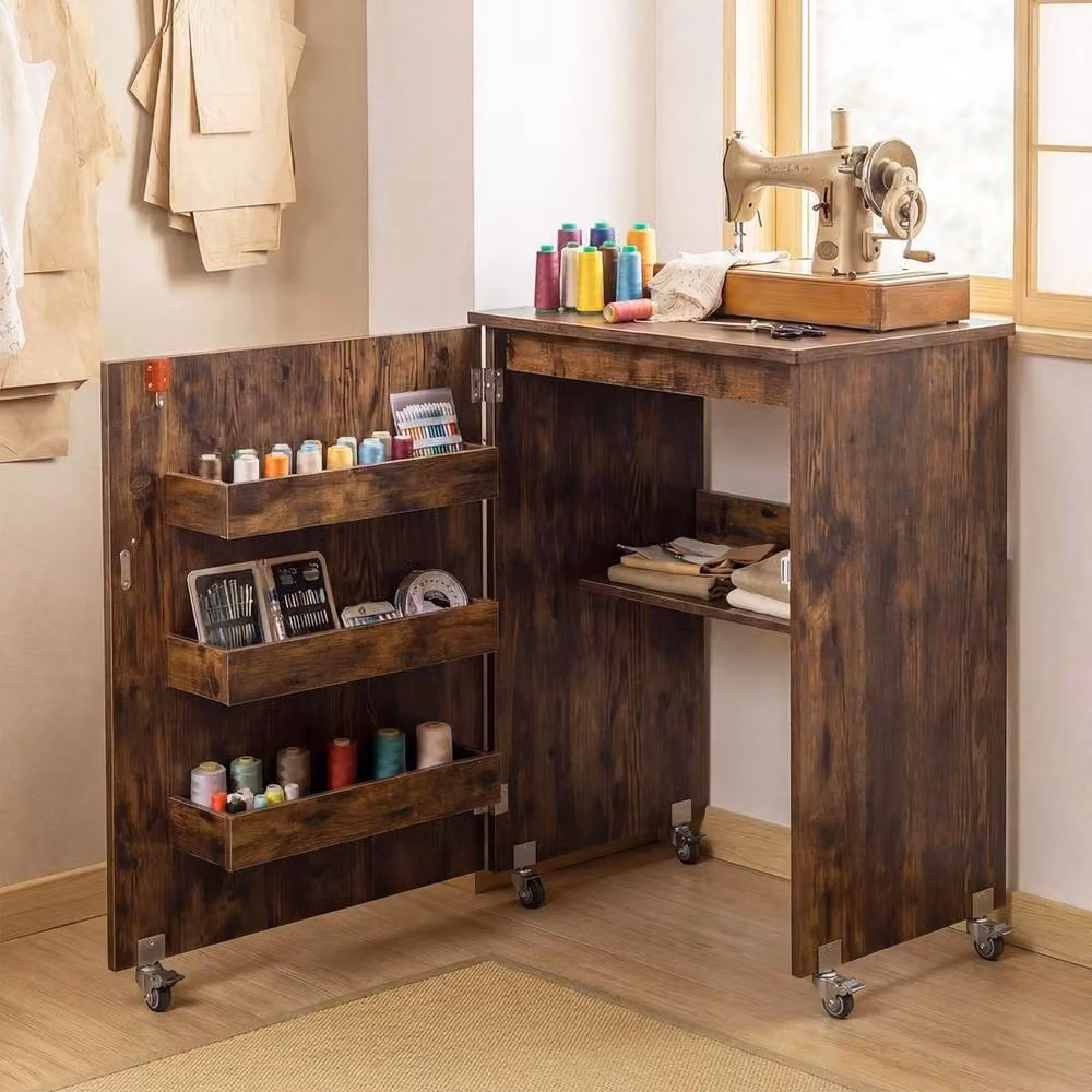 Kelvenix Brown Folding Sewing Table and Rolling Craft Station with Castors – 2