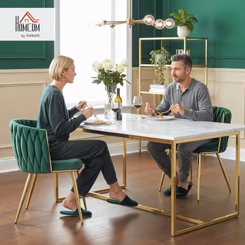 HOMCOM Set of 2 Modern Velvet Upholstered Armchairs with Metal Legs in Green and Gold – 2