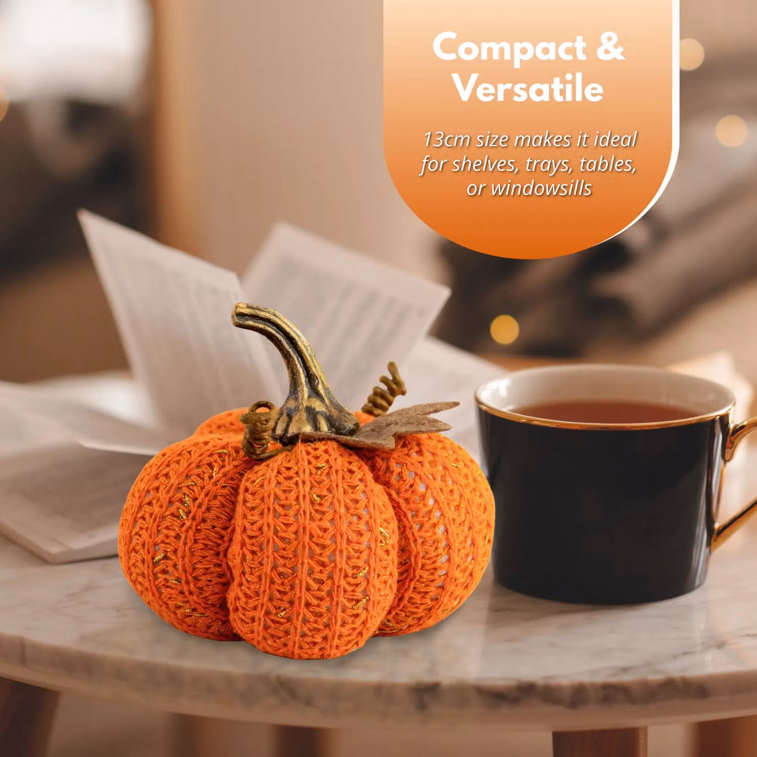 Marco Paul Orange Plush Pumpkin Autumn and Halloween Tabletop Decoration, 13 cm – 5