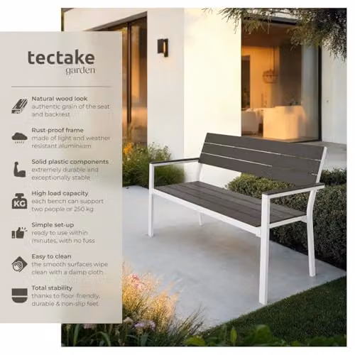 tectake Line 2-Seater Garden Bench with Metal Frame, W/D/H: 128 x 59 x 88 cm in Grey – 3