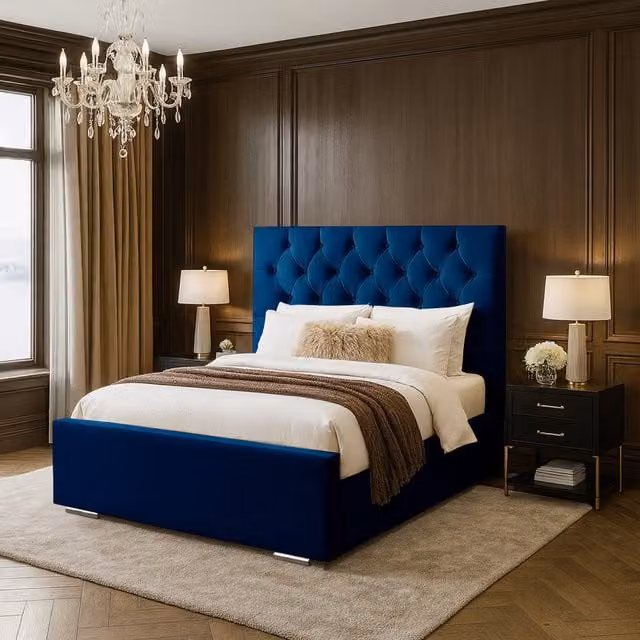 Desire Deco Lea Upholstered Velvet Bed Frame in Blue, Superking (200 x 200 cm)