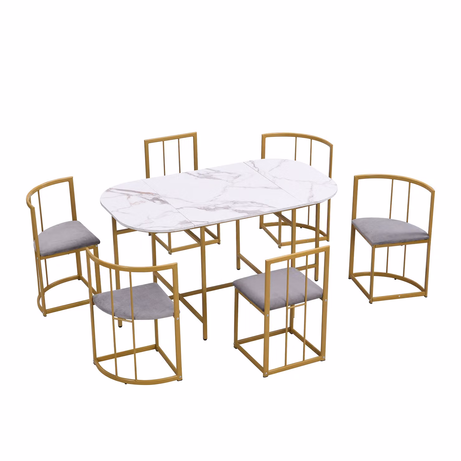 Aosom UK Modern Dining Table and 6 Chairs Set with Marble Pattern and Gold Iron Frame, W/D/H: 140 x 80 x 76 cm, Gold/White/Grey – 2