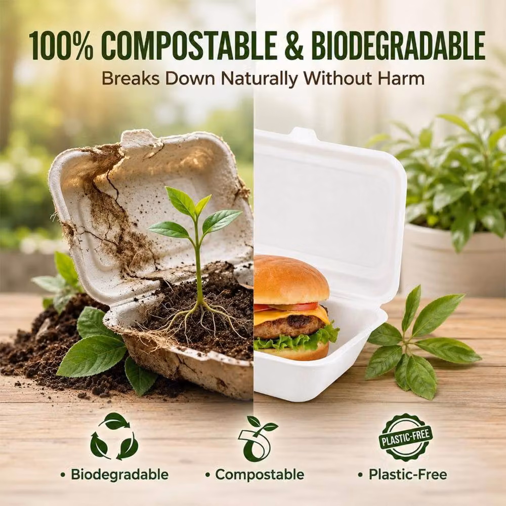 ECONX White Bagasse Clamshell Burger Boxes, 500 Piece Takeaway Food Container Set – 7