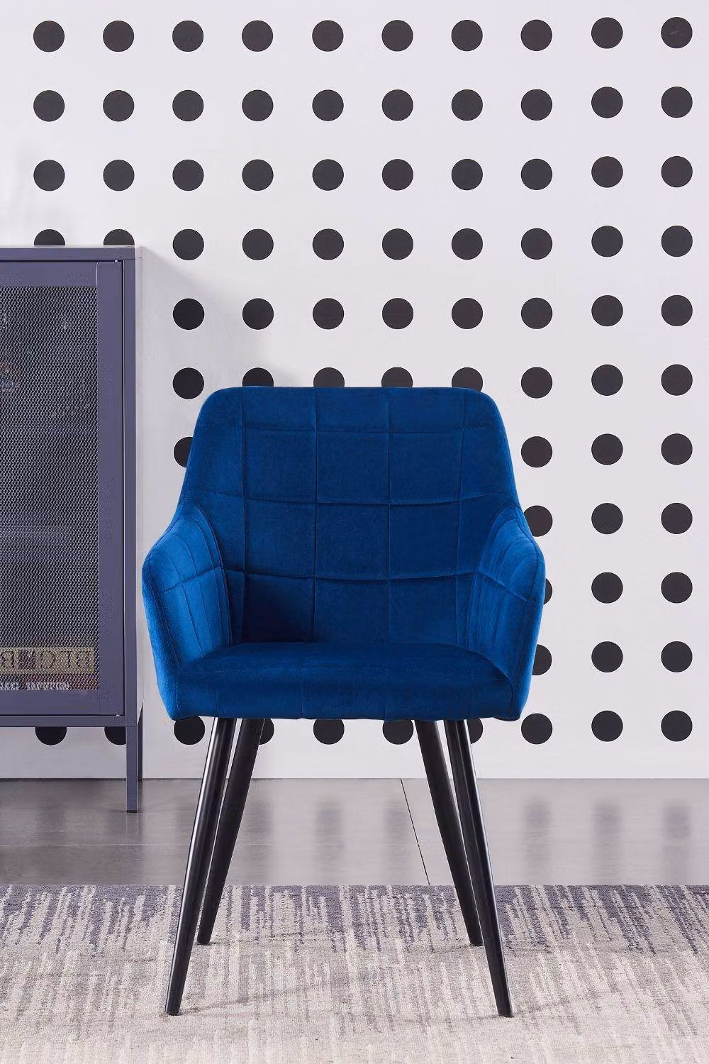 Life Interiors Set of 6 Camden Modern Blue Velvet Dining Chairs with Armrests and Black Metal Legs – 3