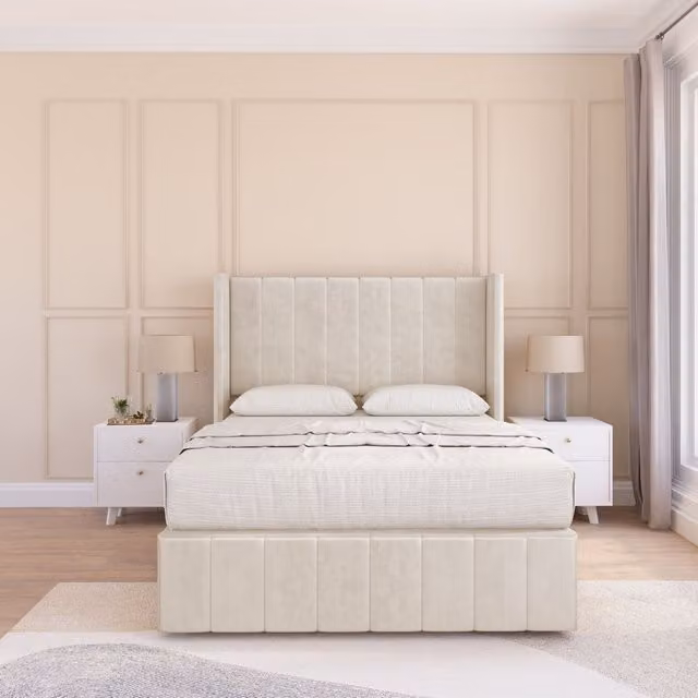 Sloomy Melbourne Plush Velvet Wingback Bed Set with 2 Drawers and Floor Standing Headboard in Beige, W/D/H: 140 x 200 cm