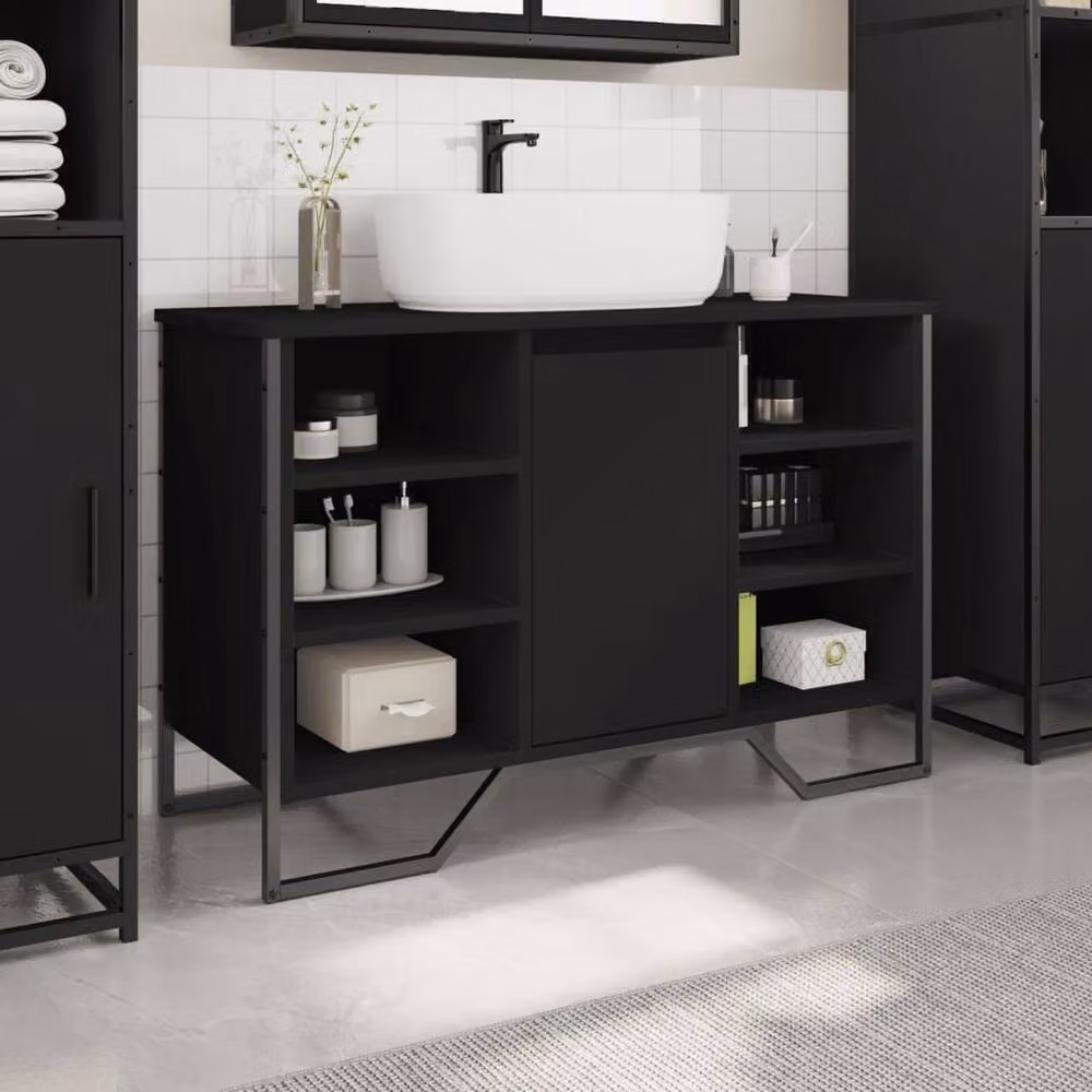 Berkfield Home Black Wall Mounted Bathroom Sink Cabinet with Internal Shelves, W: 91 cm, D: 35 cm, H: 60 cm – 3