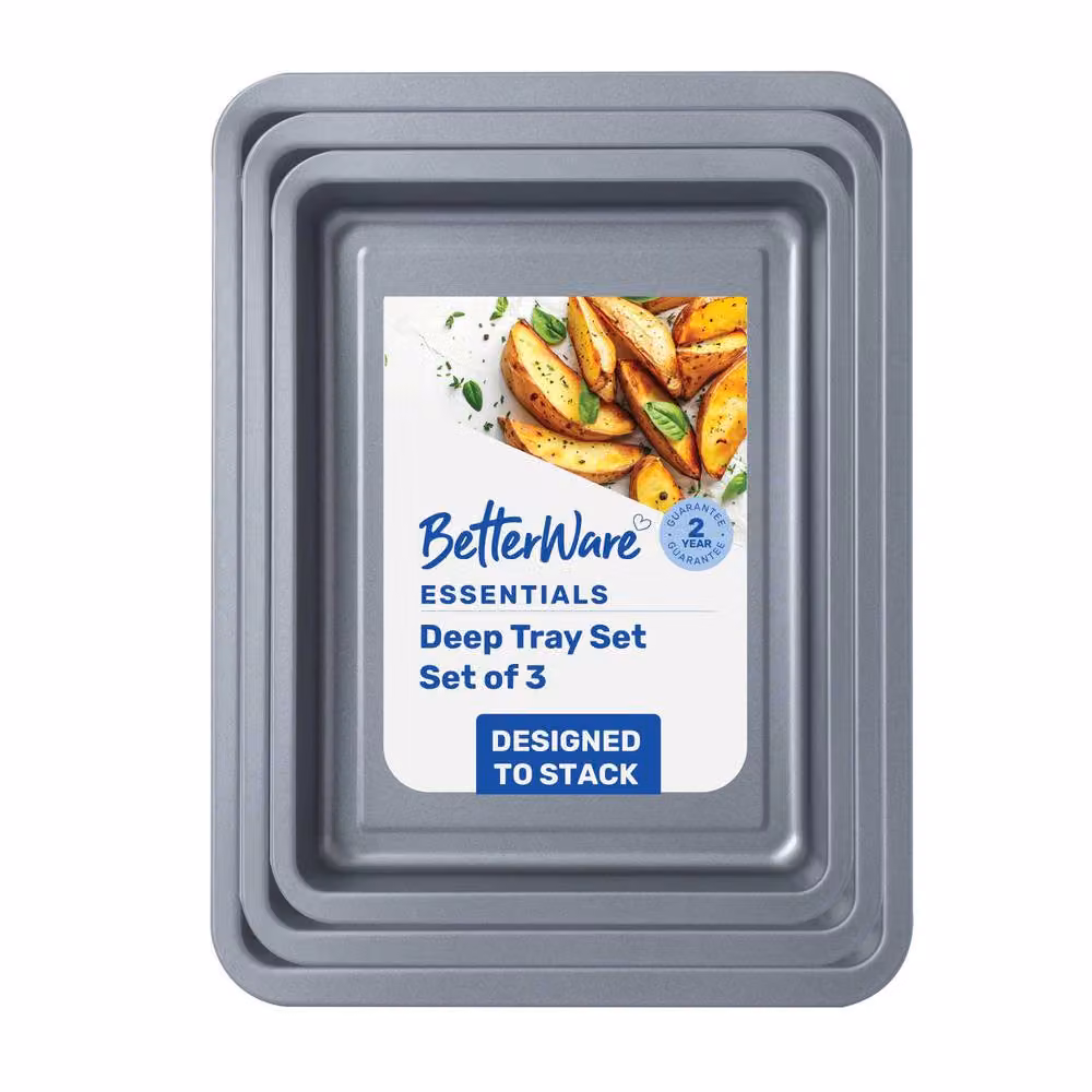 Betterware Essentials Non-Stick 3 Piece Deep Baking Tray Set in Silver – 5