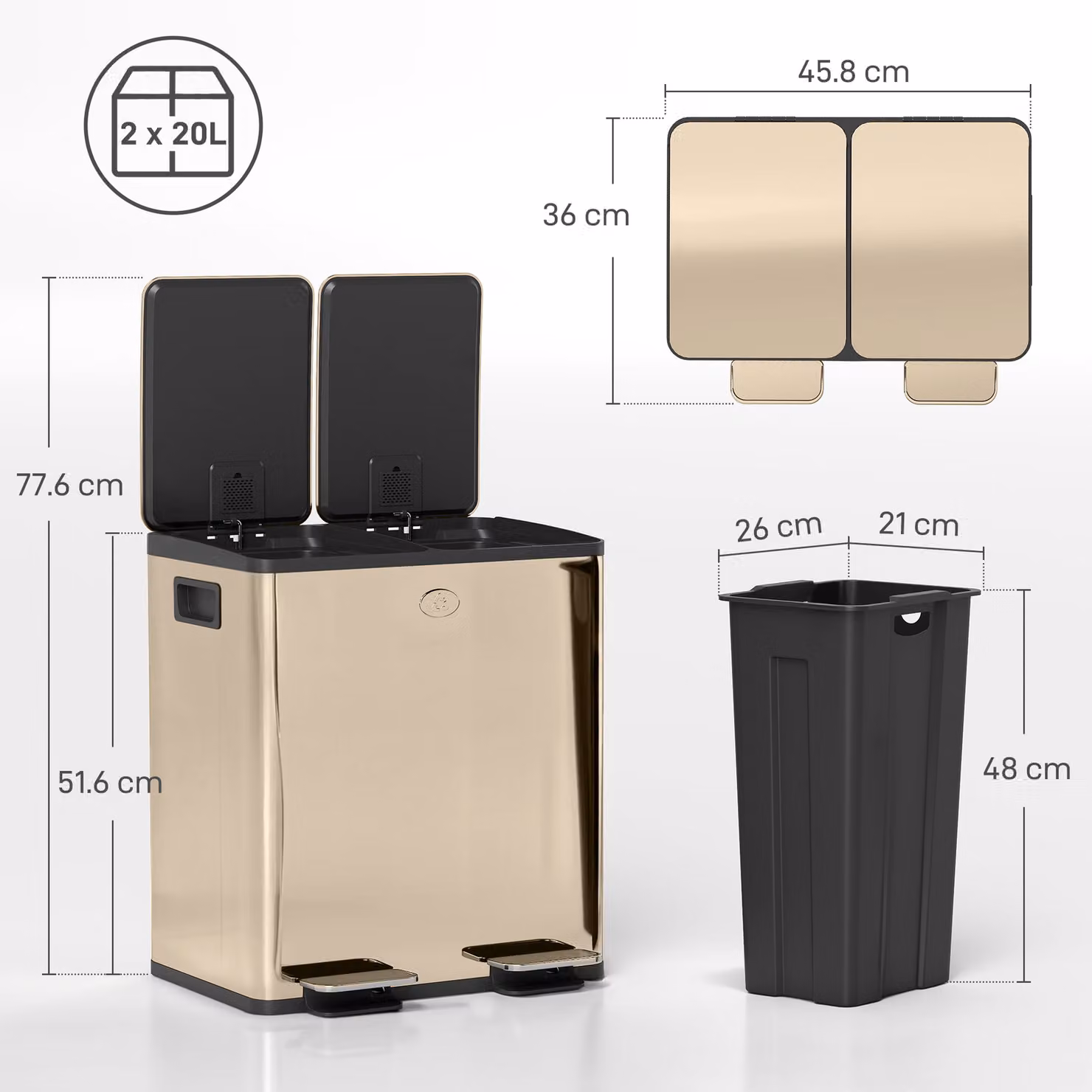 HOMCOM 40L Dual Compartment Stainless Steel Pedal Bin with Deodoriser Holders, Gold Tone – 2