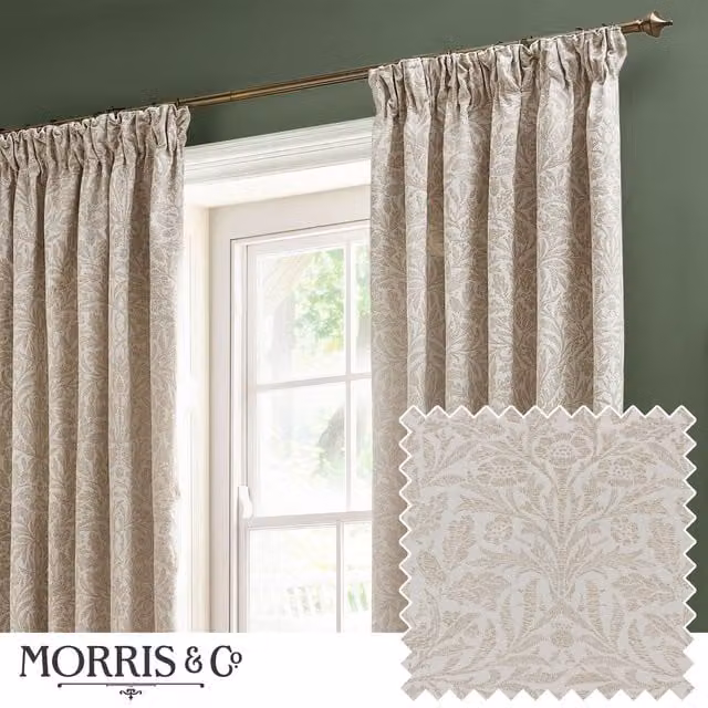 Morris & Co Acorn Tonal Matt Jacquard Pencil Pleat Curtains in Ivory, Width: 117 cm, Drop: 183 cm – 1