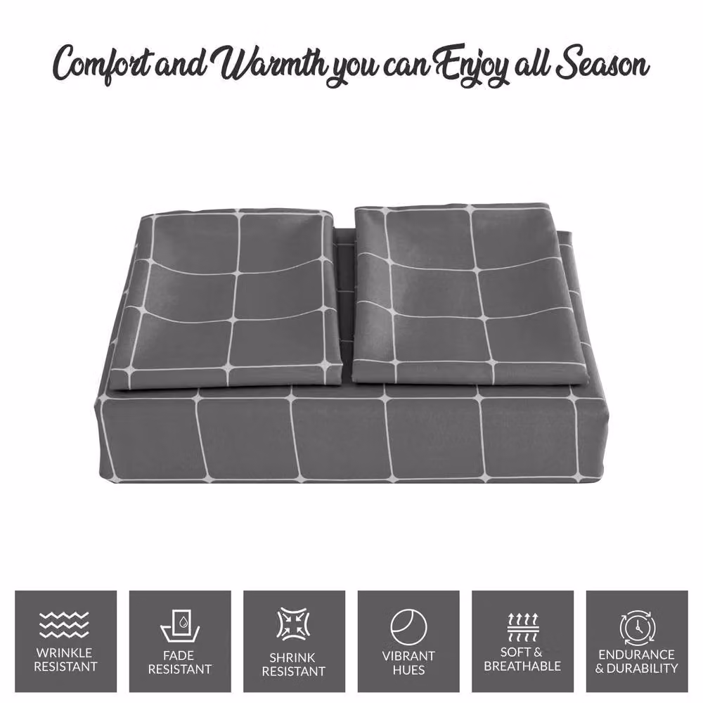 Lazzaro Home King Size Reversible Checked Microfibre Duvet Cover and Pillowcase Set in Charcoal Grey – 4