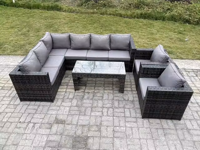 Fimous 8 Seater Rattan Corner Sofa Set with Rectangular Coffee Table and 2 Armchairs in Dark Grey