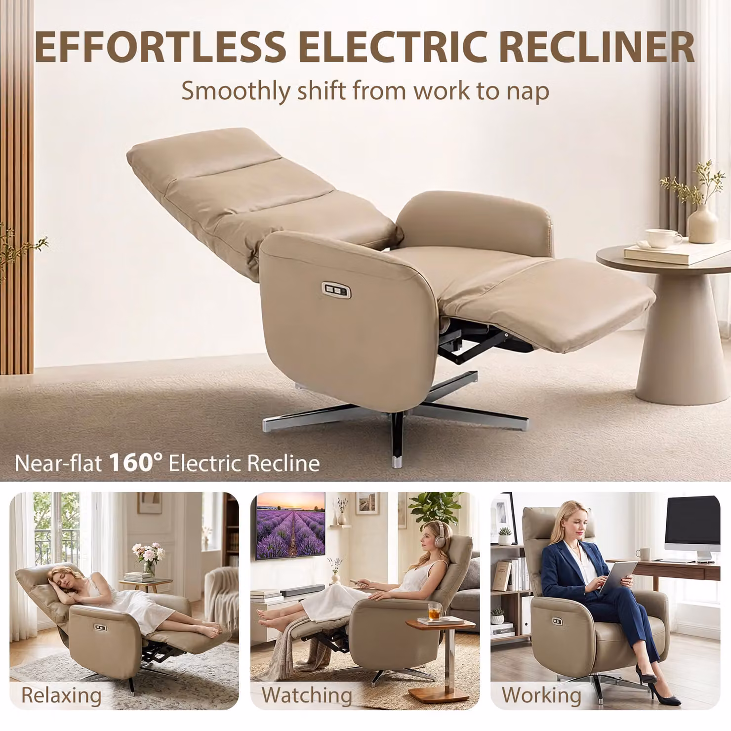 HOMCOM Brown Swivel Electric Power Recliner Chair with USB and Type C Ports – 4