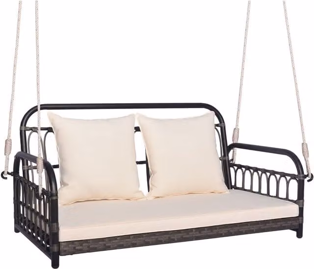COSTWAY 2-Person Modern Grey Polyrattan Patio Wicker Swing Chair with Armrests and Cushions