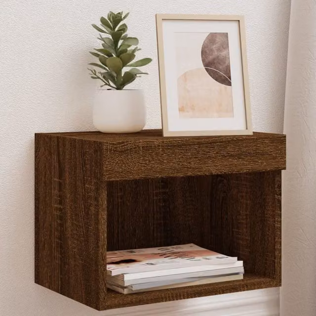 Berkfield Home Set of 2 Wall-Mounted Bedside Cabinets with Integrated LED Lights in Brown Oak – 1