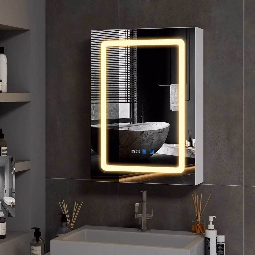 FORGEVIO Modern White Wall-Mounted LED Bathroom Mirror Cabinet with Shaver Socket and Glass Doors – 2