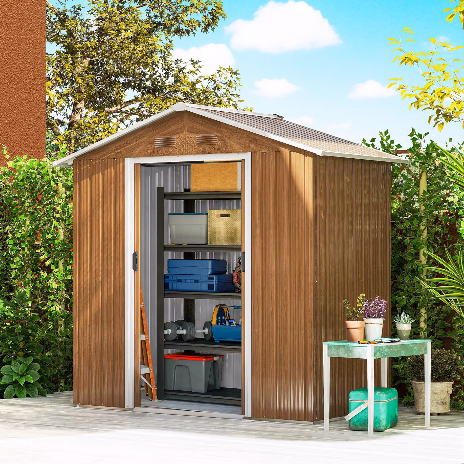 Outsunny Wood Effect Galvanised Steel Garden Shed in Brown with Double Doors and Four Vents – 2