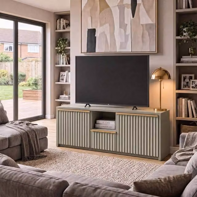 FWStyle Lania Modern 3 Door Green TV Media Unit with Open Shelving and Cable Routing
