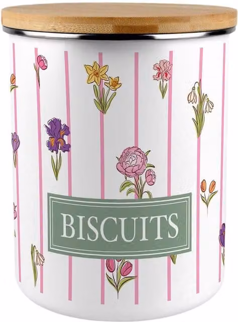 Purely Home Pinstripe Flowers Extra Large Airtight Biscuit Tin, Pink Floral Enamel and Metal with Bamboo Lid