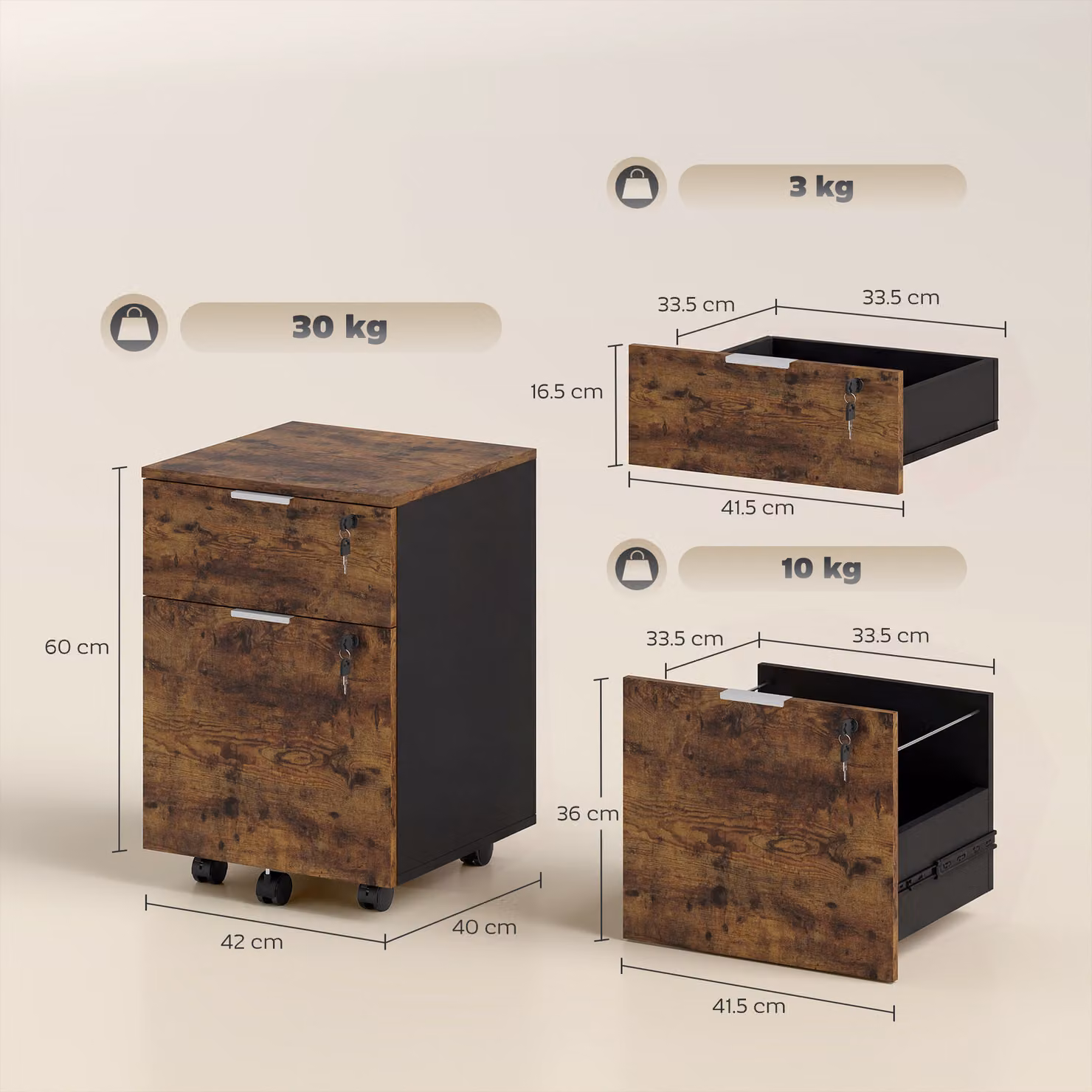 HOMCOM Two-Drawer Lockable Filing Cabinet in Black and Rustic Brown with Castors – 3
