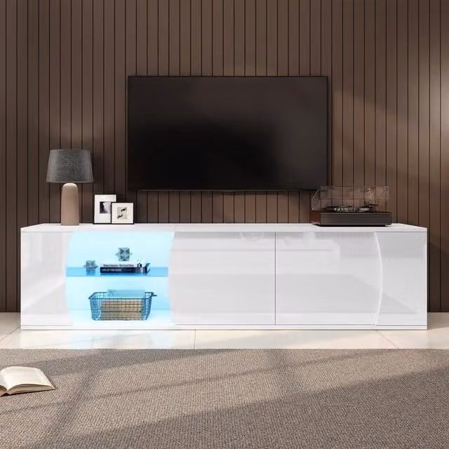 Aosom UK Modern White Freestanding TV Cabinet with LED Ambient Lighting and Tempered Glass Display, W/D/H: 180 x 40 x 45 cm – 1