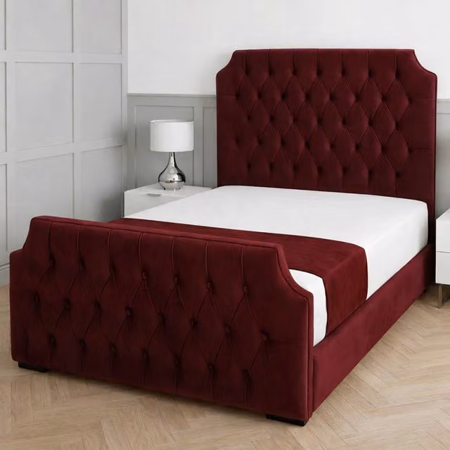 Living Comfort Bedz Westminster Plush Upholstered Velvet Bed with Slatted Base and 48 Inch Headboard in Maroon, Size: Double (W/D/H: 140 x 200 cm)