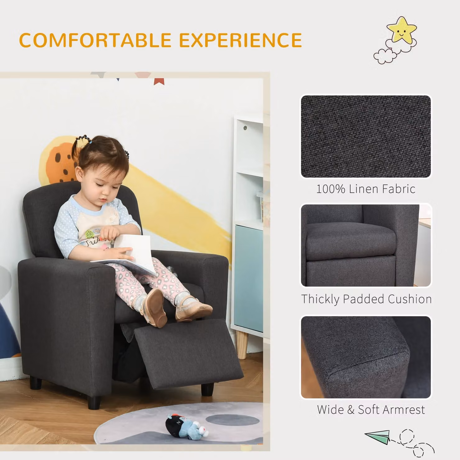 HOMCOM Kids Recliner Sofa with Footrest, Grey Linen Upholstered Armchair for Playrooms – 3