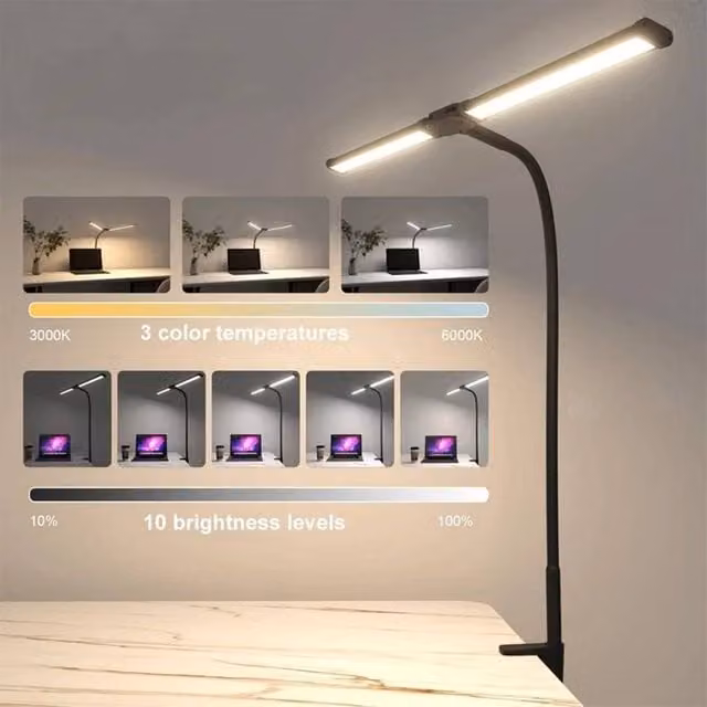 VOGREX Dimmable Double-Head LED Desk Lamp in Black