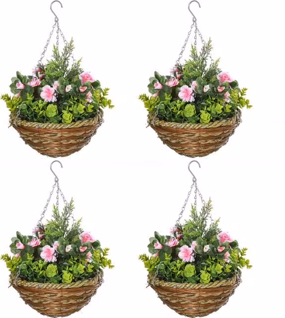 Outsunny Set of Four Hanging Lisianthus Floral Flower Pots in Pink and Green – 1
