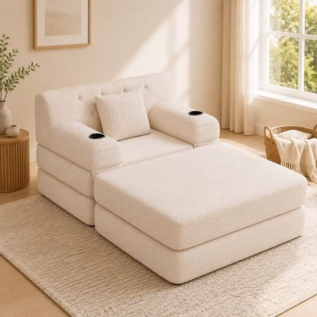 STILVORA Modern Beige Fabric Sleeper Chair with Cup Holders, Storage Pockets and Armrests
