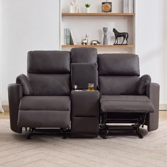 Artemis Home Hudson 2 Seat Rocker Recliner Sofa with Home Cinema Centre Console and Cup Holders, Brown Synthetic Leather