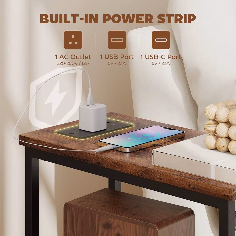 HOMCOM Narrow Bedside Side Table with Charging Station and 2 Drawers in Dark Brown – 4
