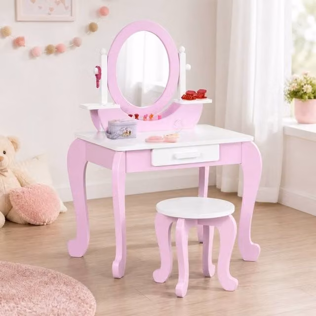 STILVORA Girl's Kids Dressing Table Set with Mirror, Stool and Drawer in Pink