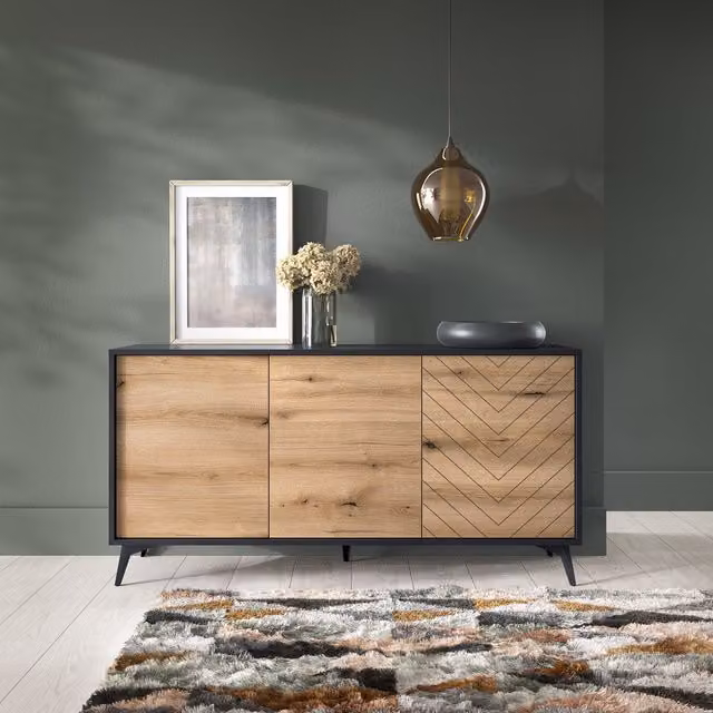 Abakus Direct Large Diamond Wood Sideboard in Brown and Yellow with Scandinavian Geometric Design