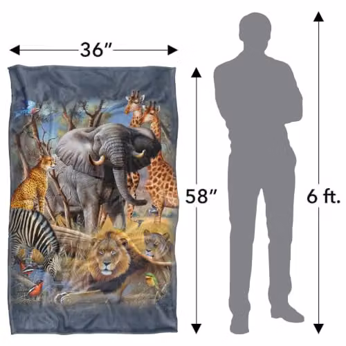 JQ Licensing African Animal Elephant, Lion, Zebra and Giraffe Collage Super Soft Fleece Throw Blanket, Multicolour, W/D/H: 91 x 147 cm – 2