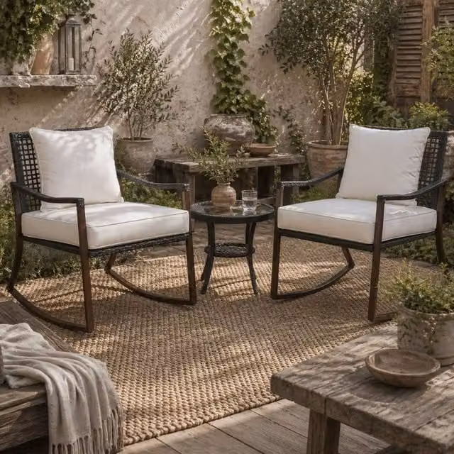 Wyld Haus Madile 3 Piece Rattan Bistro Set with Rocking Chairs and Round Glass Coffee Table in Brown