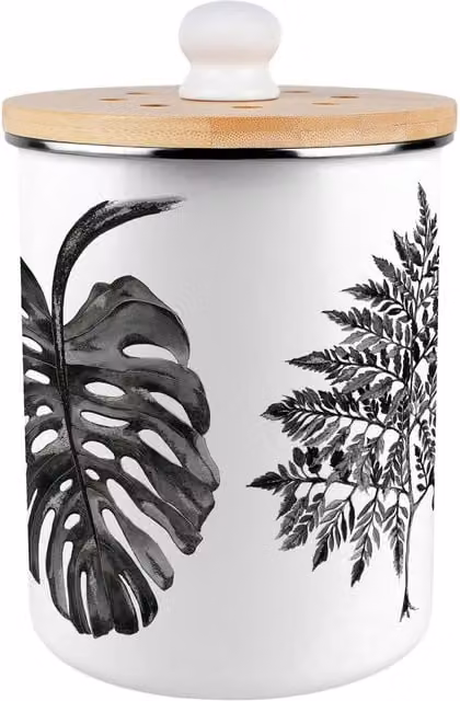 Purely Home Painted Leaves Metal Food Waste Caddy, 2L, Black and White