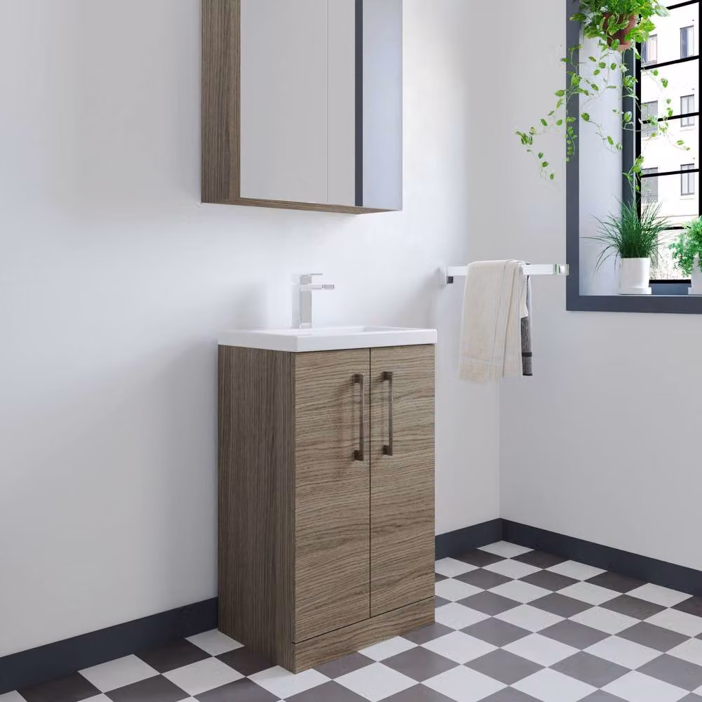 Balterley Mid Oak Bathroom Vanity Basin Unit with Brushed Pewter Handles, Brown, Width: 50 cm – 2